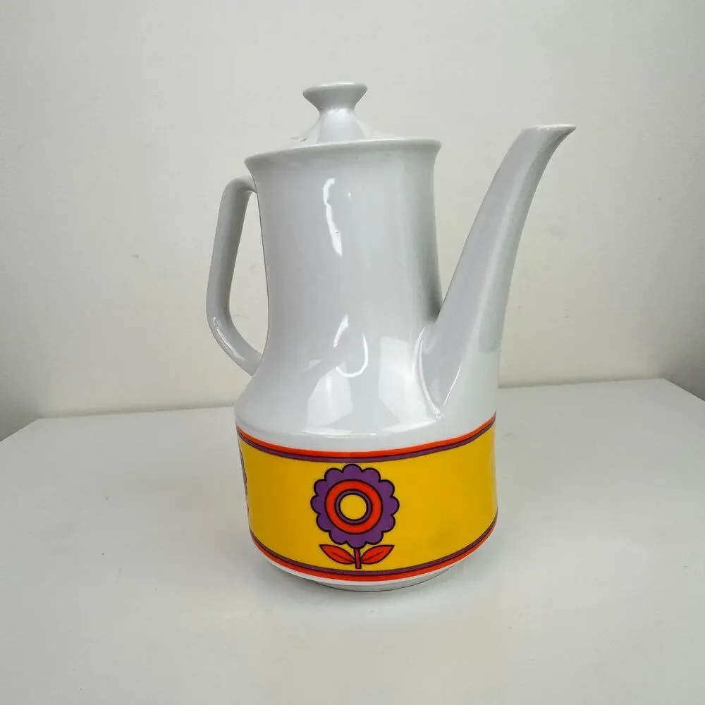 Vintage MCM Mid Century White Purpl Floral Lid Space Age Porcelain Coffee Teapot